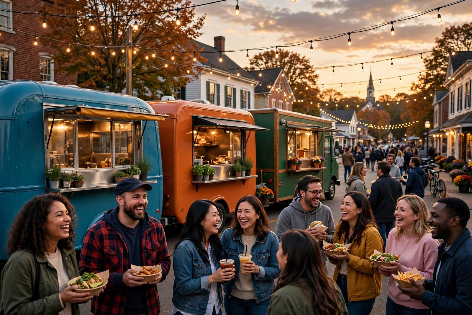 Food trucks lined up at dusk with a happy crowd