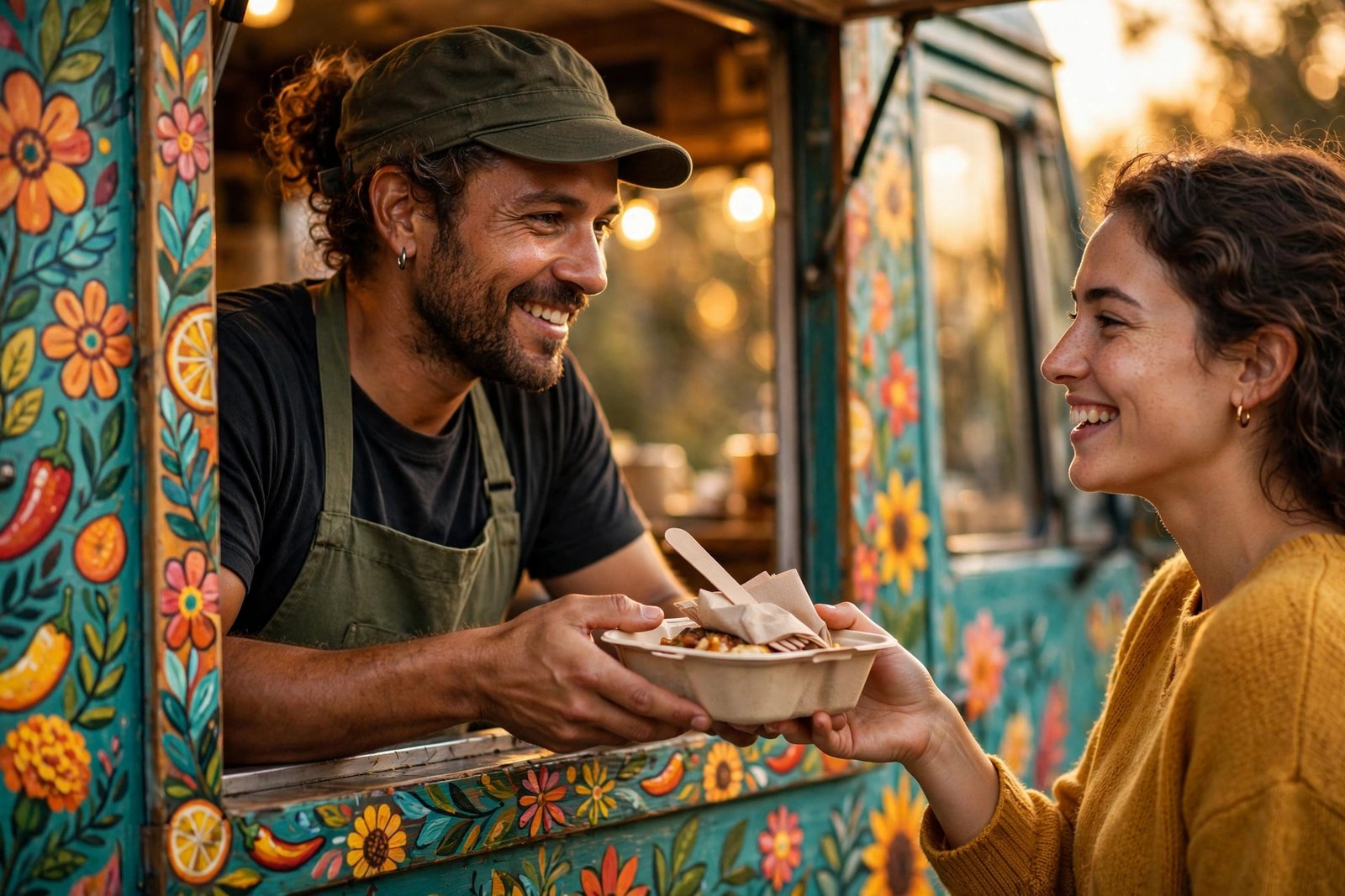 Food truck serving window at golden hour